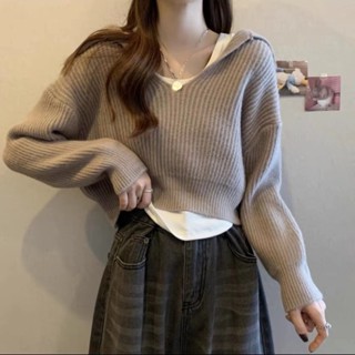 海軍領毛衣外套女 2023秋冬新款 大尺碼寬松慵懶風針織外套 ins風性感高腰短款上衣 白色背心內搭