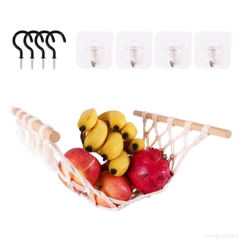 廚房收納網 手工編織棉繩懸掛式置物袋 簡約懸掛水果吊籃
