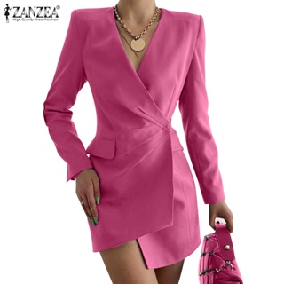 Zanzea 女式歐式通勤 V 領裹身式長袖鈕扣西裝外套