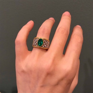 BlingBling 法式復古宮廷蕾絲祖母綠高級感開口戒指女鑲嵌鋯石指環鍍分金時尚
