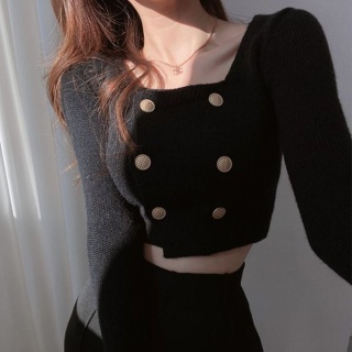 【SHINE GIRL】 復古chic 秋冬法式 小眾設計感 雙排扣 方領露肚 短版毛衣針織衫 上衣女