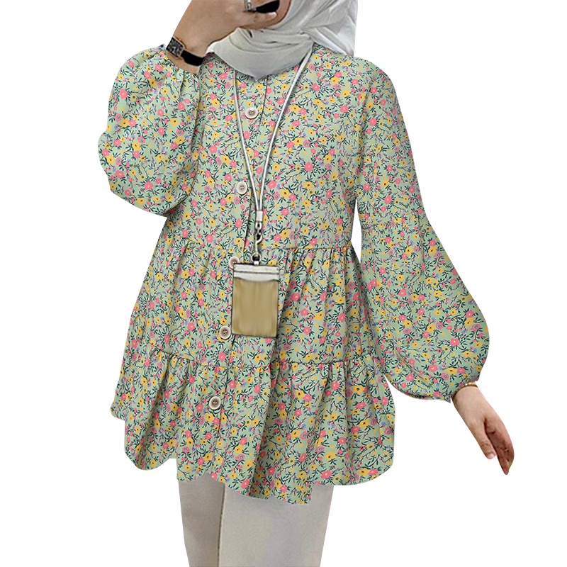 Hijabista 女士休閒燈籠袖袖口彈性花卉印花開叉襯衫