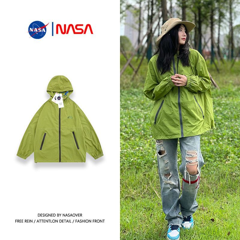 NASA聯名美式刺繡機能戶外防晒衝鋒衣外套女夏季綠色冰絲空調服男