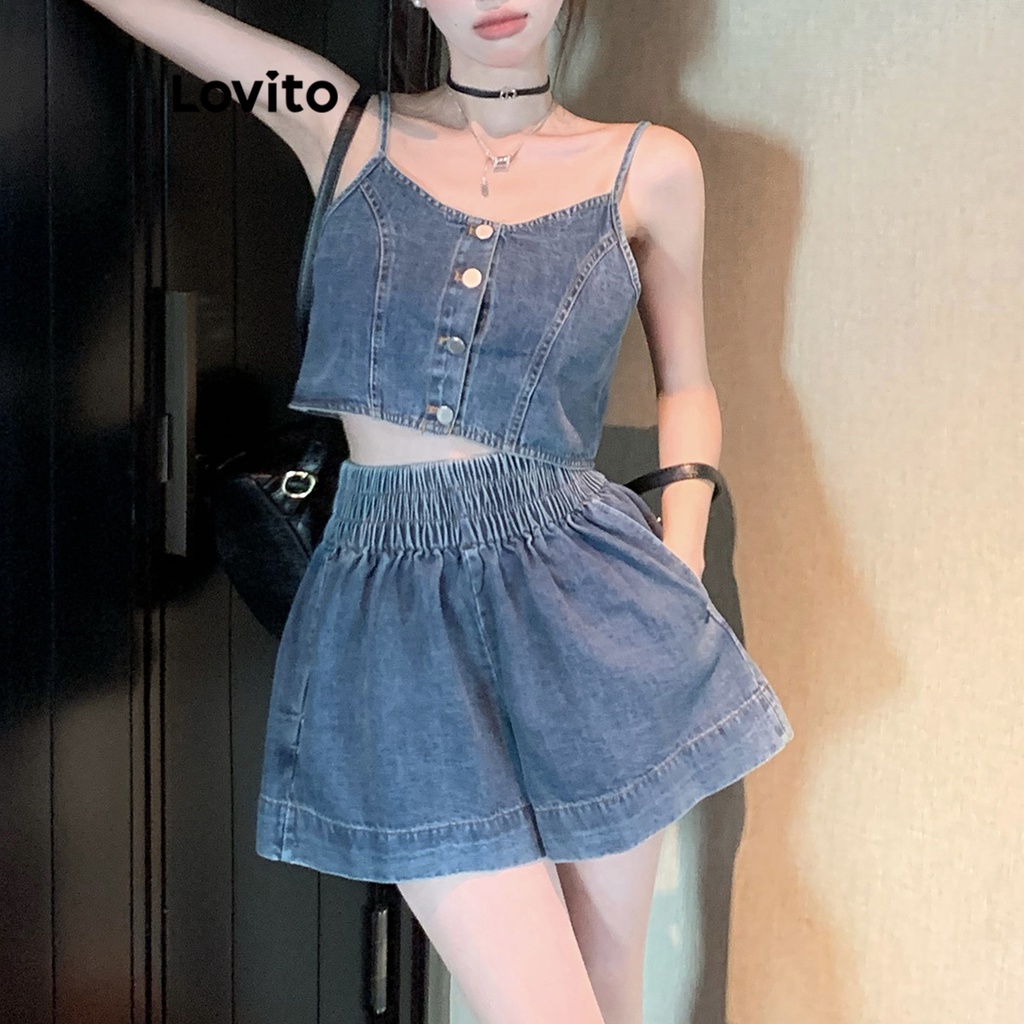 Lovito 女式休閒素色縮褶口袋牛仔短褲 LNE24147 (藍色)