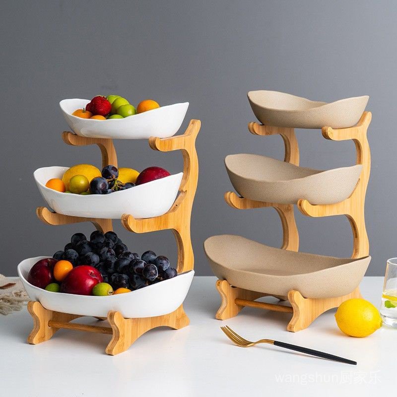 創意三層多層水果盤歐式陶瓷乾果盤竹木架家用零食盤糖果托盤果籃