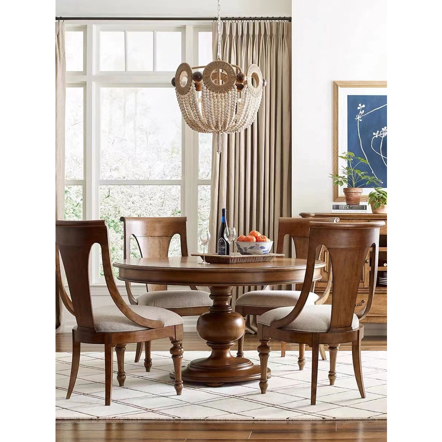 ❥(^_-)現貨-免運- 美式輕奢實木圓餐桌圓形椅子組合家用小戶型旋轉伸縮胡桃色飯桌