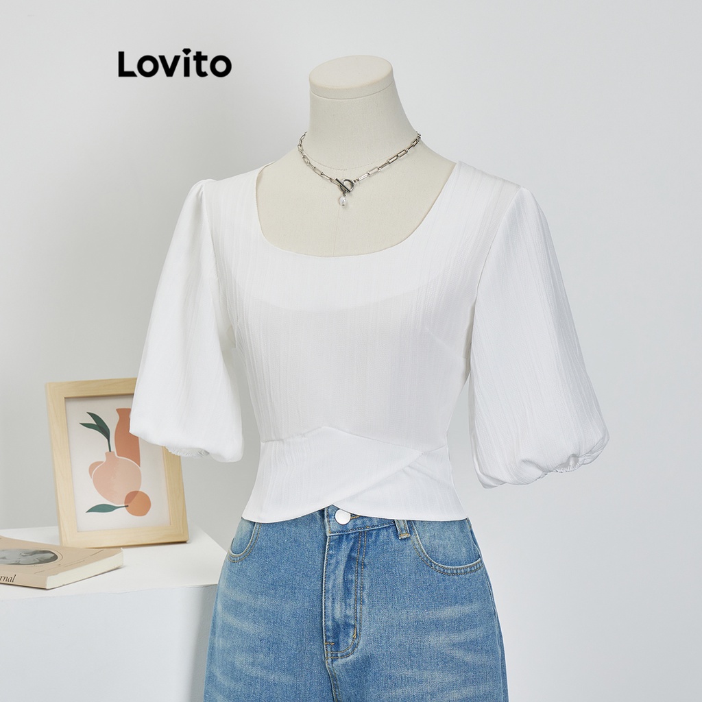 Lovito 女休閒素色圓泡泡袖襯衫 L71ED002 (白色)