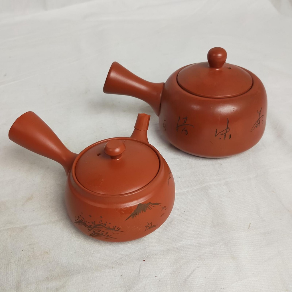 常滑茶壺，2件套，雕刻圖案，日本煎茶器具，紅粘土[二手]