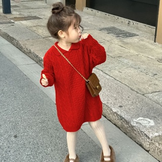 韓系童裝 兒童過年紅色毛衣裙 女童麻花針織洋裝 秋冬 新款 女寶寶中長款寬鬆娃娃領復古A字毛衣裙