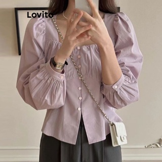 Lovito 女式休閒素色鈕扣前褶襯衫 LNE37095 (紫色)