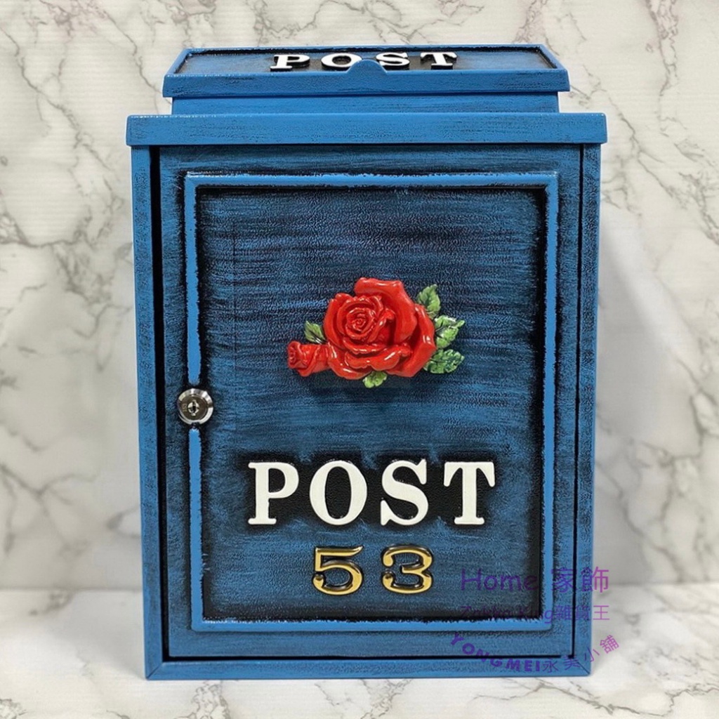 [HOME] 玫瑰信箱 附門牌號碼 復古刷藍色玫瑰信箱 POST紅色玫瑰鑄鋁信箱 大容量郵箱 加強塗裝型