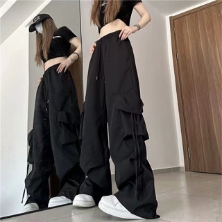 臺灣出貨 oversize美式工裝褲女夏季高腰直筒闊腿設計感小眾寬鬆速干休閑褲抽繩工裝褲顯瘦 運動休閒褲 美式工裝褲女