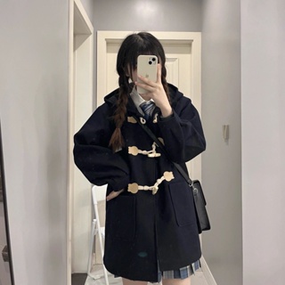 ✨現貨✨S-2XL JK制服女 牛角扣 日系 毛呢外套女 學院風 中長款 連帽毛呢大衣