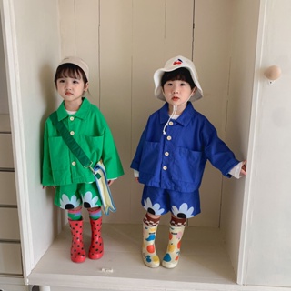 韓國童裝兒童春秋裝套裝男童炸街剋萊因藍2023寶寶女童外套中褲潮