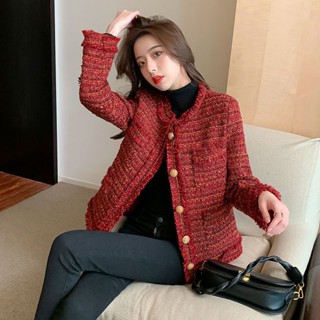 紅色小香風外套 粗花呢外套 短款 加厚小香外套 寬松韓版上衣 法式小外套 新年紅色外套 氣質名媛外套 女生 加絨保暖外套
