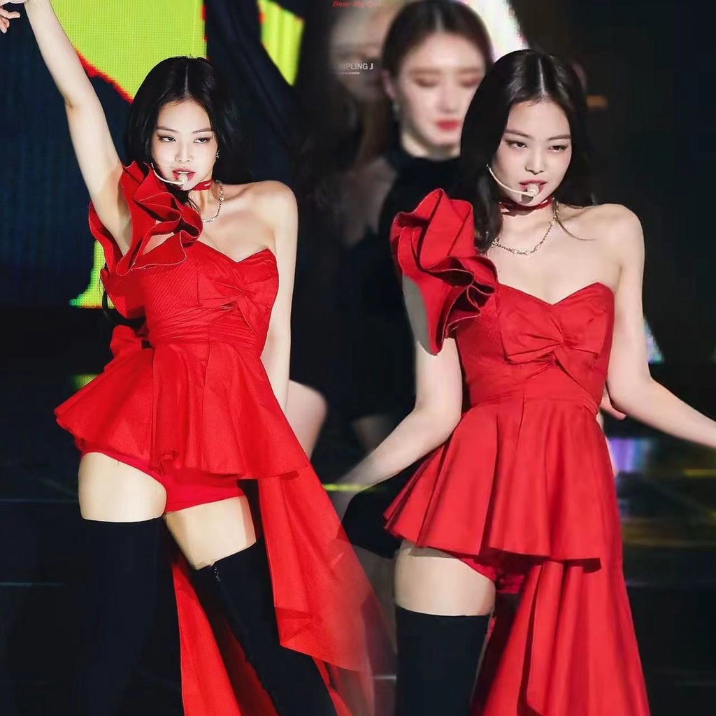金智妮Jennie同款紅色露肩洋裝表演服舞臺年會主持歌手打歌舞服