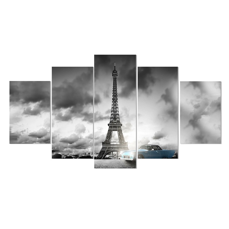 【仟象映畫】巴黎鐵塔五聯畫客廳裝飾畫建築玄關走廊高清噴繪掛畫沙發背景牆禮物