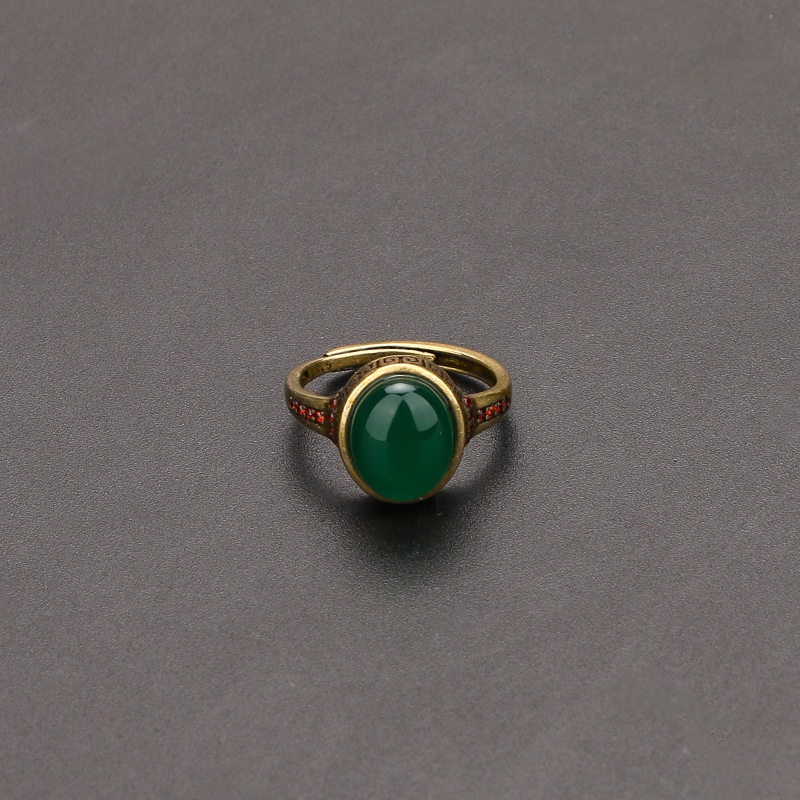 復古天然綠玉髓戒指指環女黃銅鑲嵌瑪瑙活口蛋面戒子禮物飾品批發