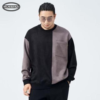 2XL-8XL 高品質鹿皮絨上衣男 口袋拼接撞色圓領大學T 秋冬季加厚長袖T恤 大尺碼男生衣服 胖子男裝