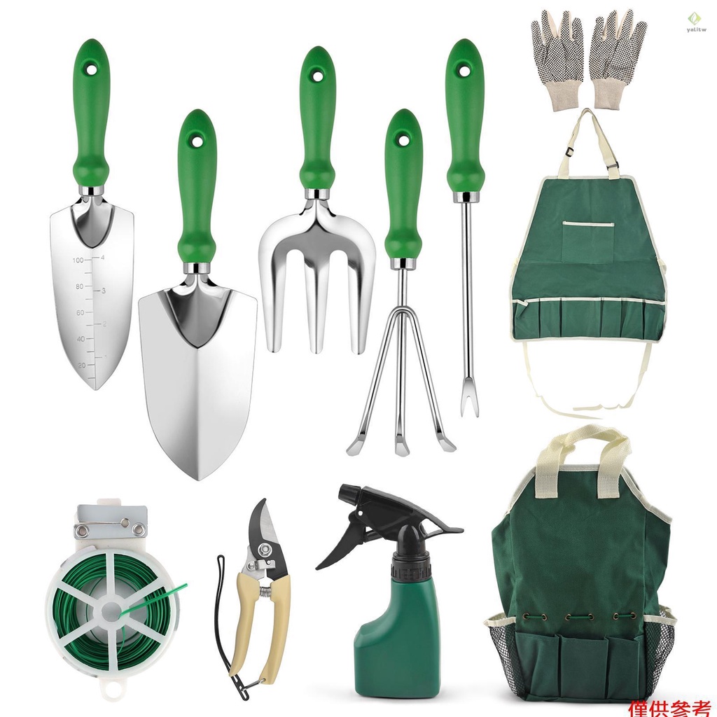 庭園工具組11件組包含2個鏟子+挑根器+耙子+三爪叉+圍裙+工具收納包+噴壺+修枝剪+1雙手套+綁枝線圈綠色