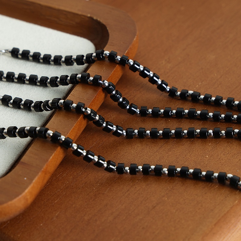 歐美 新款 輕奢 復古 高級感 天然 黑松石 手工 串珠 不鏽鋼珠 手鍊 飾品 E500