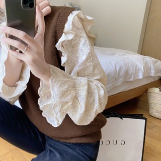 【LININ】復古甜美喇叭袖花邊蕾絲長袖上衣女 新款木耳邊長袖襯衫 長袖打底衫