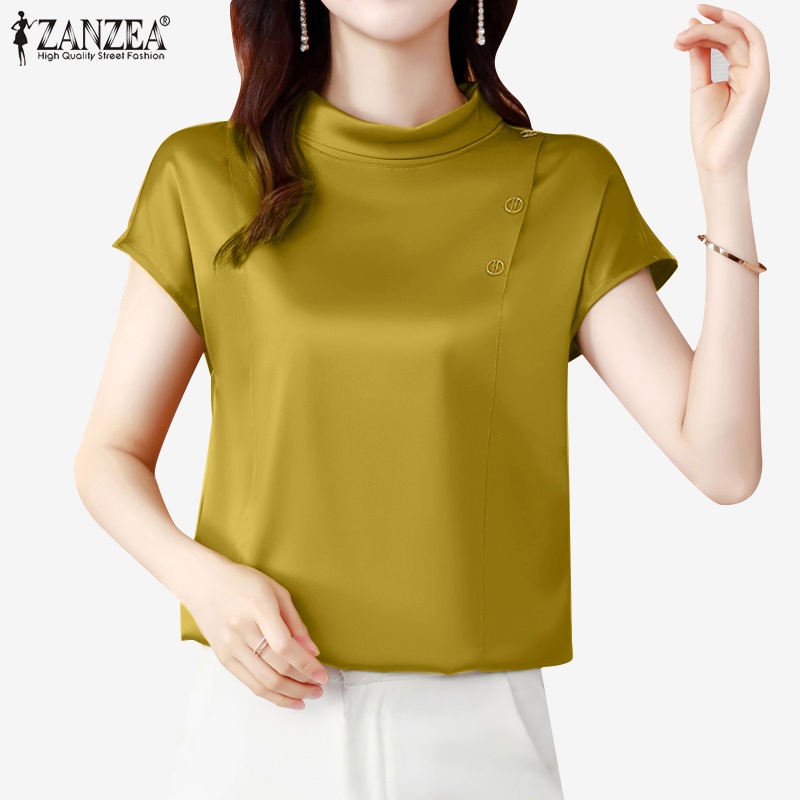 Zanzea 女式韓版日常短袖圓領緞面襯衫