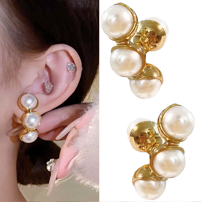 復古花形雙面珍珠潮弧形輕奢珍珠幾何時尚耳環