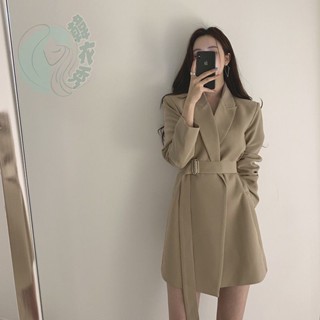 網紅西裝2024春秋新款韓版氣質修身顯瘦中長款系腰帶西服外套女|西裝外套女|黑色西裝外套|休閒西裝外套