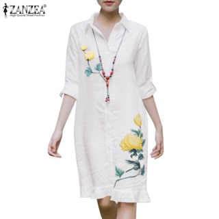Zanzea 女式韓版時尚 V 領長袖印花束腰裹臀寬鬆連衣裙