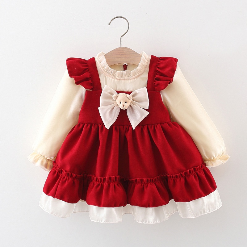 女嬰連衣裙紅色新年嬰兒連衣裙可愛小熊兒童衣服