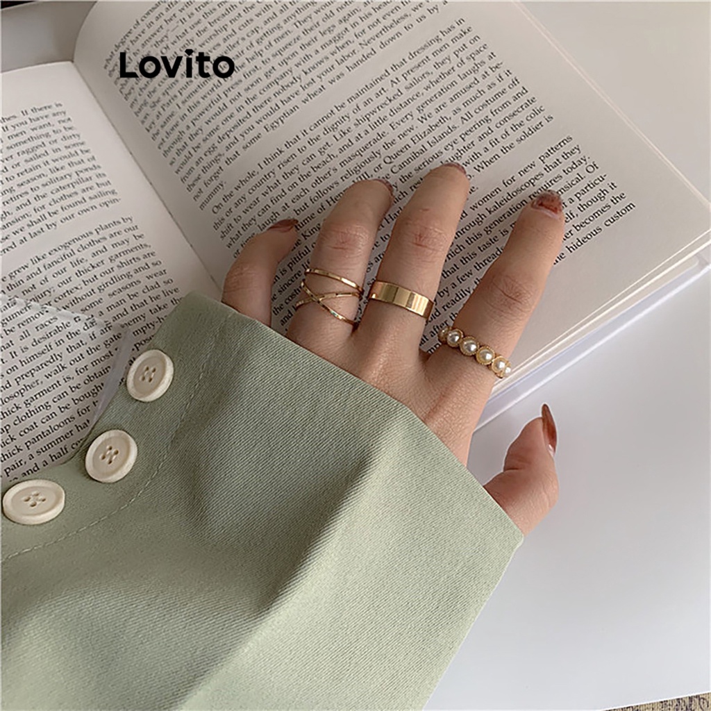 Lovito 休閒素色珍珠戒指 女幾何戒指 LFA09419