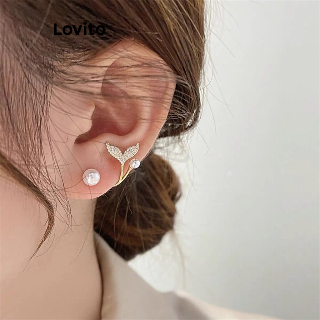 Lovito 女士休閒素色珍珠水鑽耳環 LFA09486