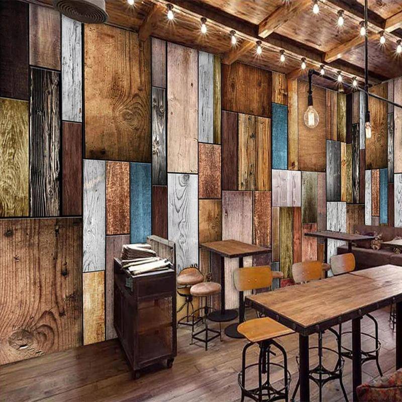 定制3d壁紙家居裝飾復古懷舊彩色木板圖案咖啡廳餐廳客廳牆壁畫