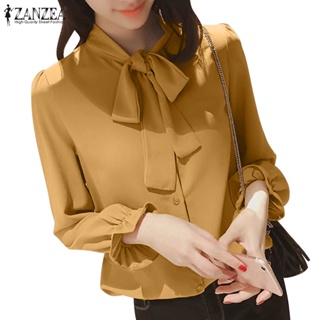 Zanzea 女式韓版時尚 V 領腰帶繫帶泡泡袖純色襯衫