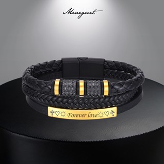Meaeguet 個性時尚朋克皮革手鍊男士不銹鋼手鍊定製免費雕刻姓名友誼情侶首飾