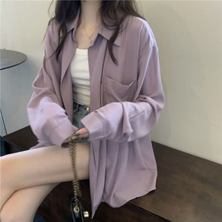 法式紫色防曬襯衫秋季新款寬鬆小眾設計長袖女薄款百搭Polo領襯衣