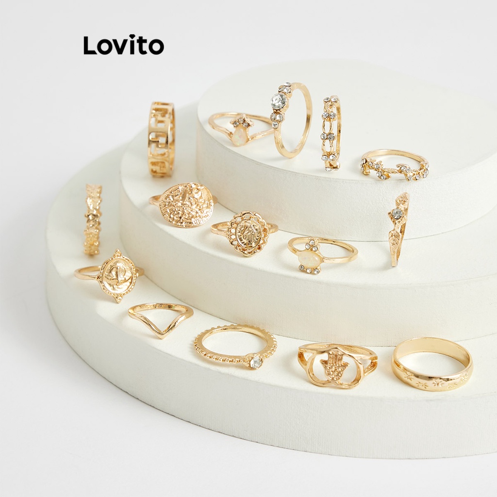 Lovito 15件套女式休閒復古十字架鑲鑽愛心金屬戒指 L63AD032 (金色)