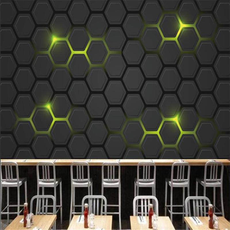 定制現代科技感3d六角綠黑光照片壁畫壁紙公司網吧遊戲廳牆紙家居裝飾貼紙