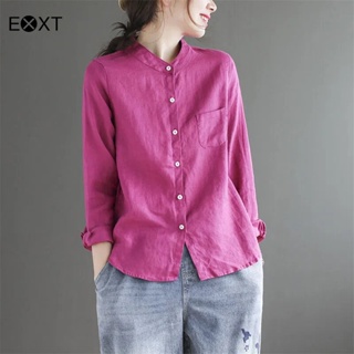 Edqrdq EXXT 女式立領棉質上衣純色鈕扣襯衫帶口袋襯衫