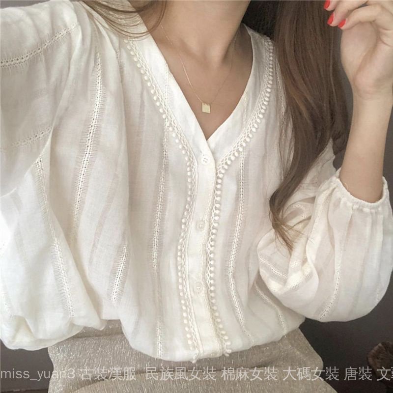 韓版襯衫上衣白色V領長袖襯衫女寬鬆蕾絲衫長袖春季學生女泡泡袖