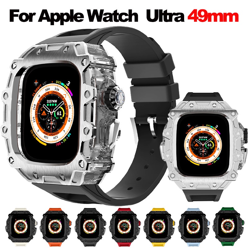 水晶按鈕不銹鋼錶殼手錶 Ultra 2 豪華改裝套件 iWatch 系列 49 毫米氟橡膠錶帶