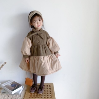 米粒家新款 2023新款童裝女童寶寶韓版復古拼色保暖加厚加棉洋裝寶寶裙