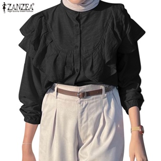 Zanzea 女士穆斯林長袖鬆緊袖口寬荷葉邊立領襯衫