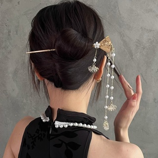 1 件裝中國傳統金色扇形珍珠流蘇髮夾女式女孩頭飾