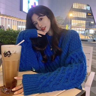【SJINE GIRL】慵懶風 菱格克萊因藍 毛衣女 秋冬季新款 chic寬鬆 顯瘦 套頭 針織衫 上衣