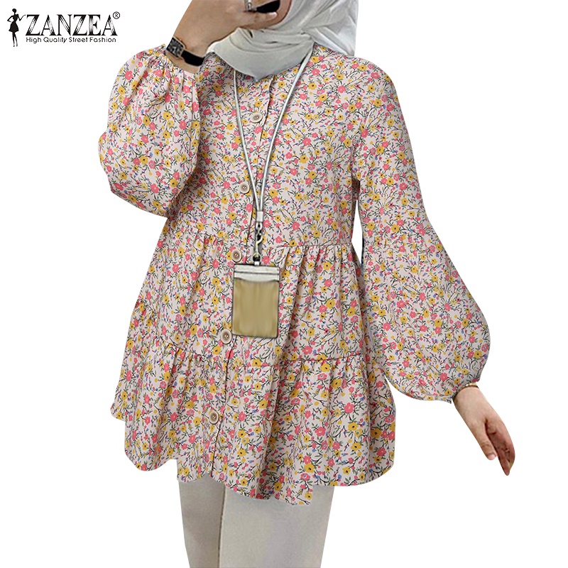 Zanzea 女士穆斯林花卉燈籠袖袖口彈性多開叉襯衫