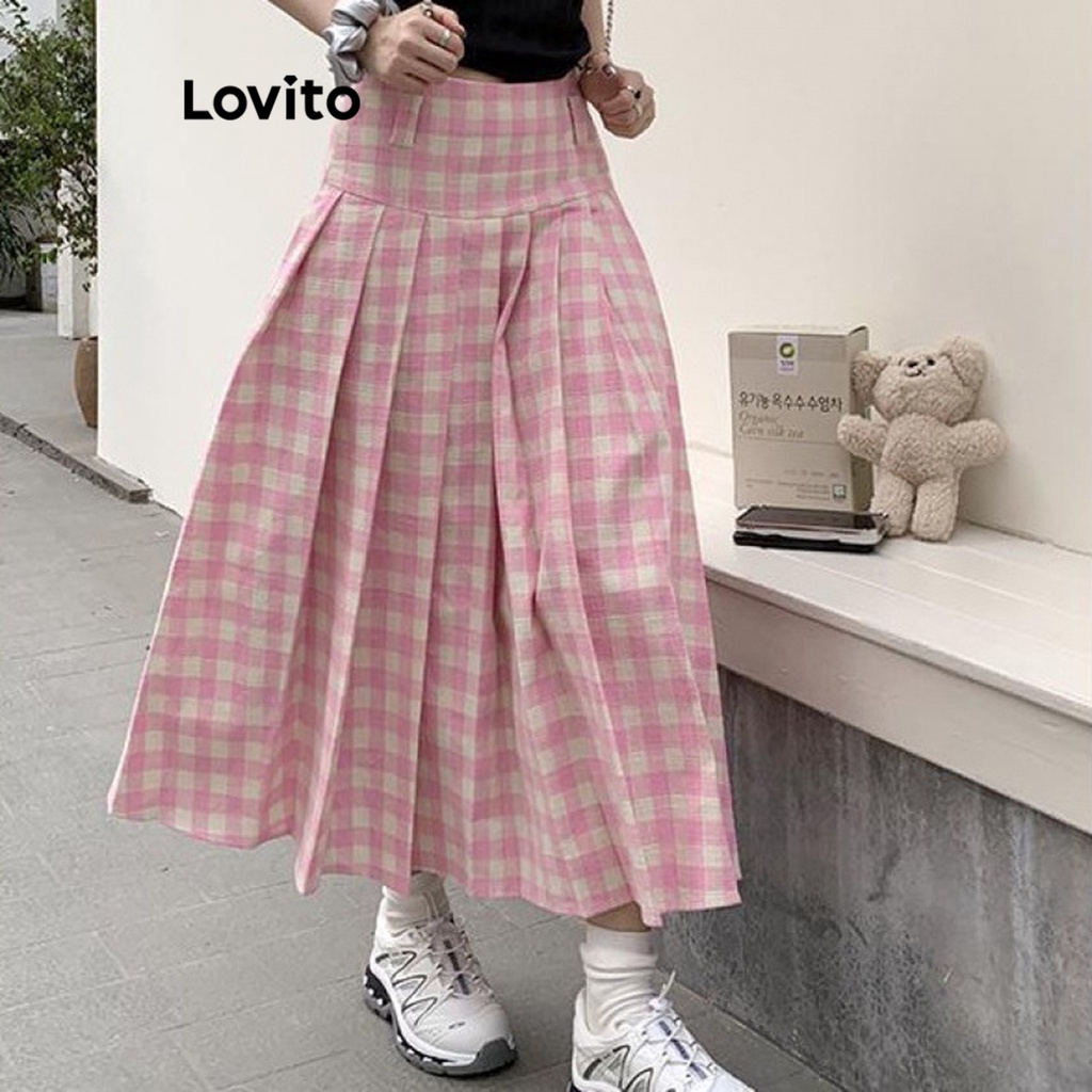 Lovito 女式休閒格紋百褶裙 LNA21101 (粉色)