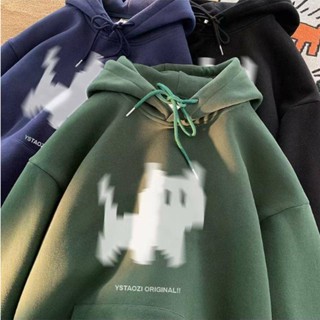 模糊小貓印花帽t 【M-5XL】刷毛衛衣 男士潮牌加絨連帽秋冬款美式復古青少年痞帥衛衣 情侶裝 連帽衛衣 長袖上衣496