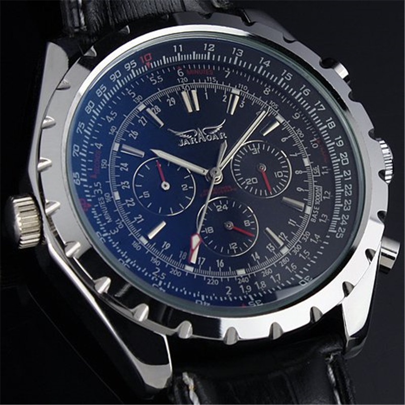 jaragar 歐美風範男士時尚休閒機械多功能藍玻璃 自動機械手錶
